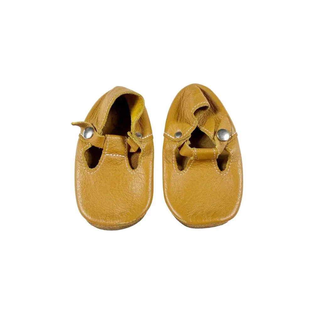 Mon Petit Shoes Handmade Leather T-Strap Soft Sole Shoes Mustard Size 6
